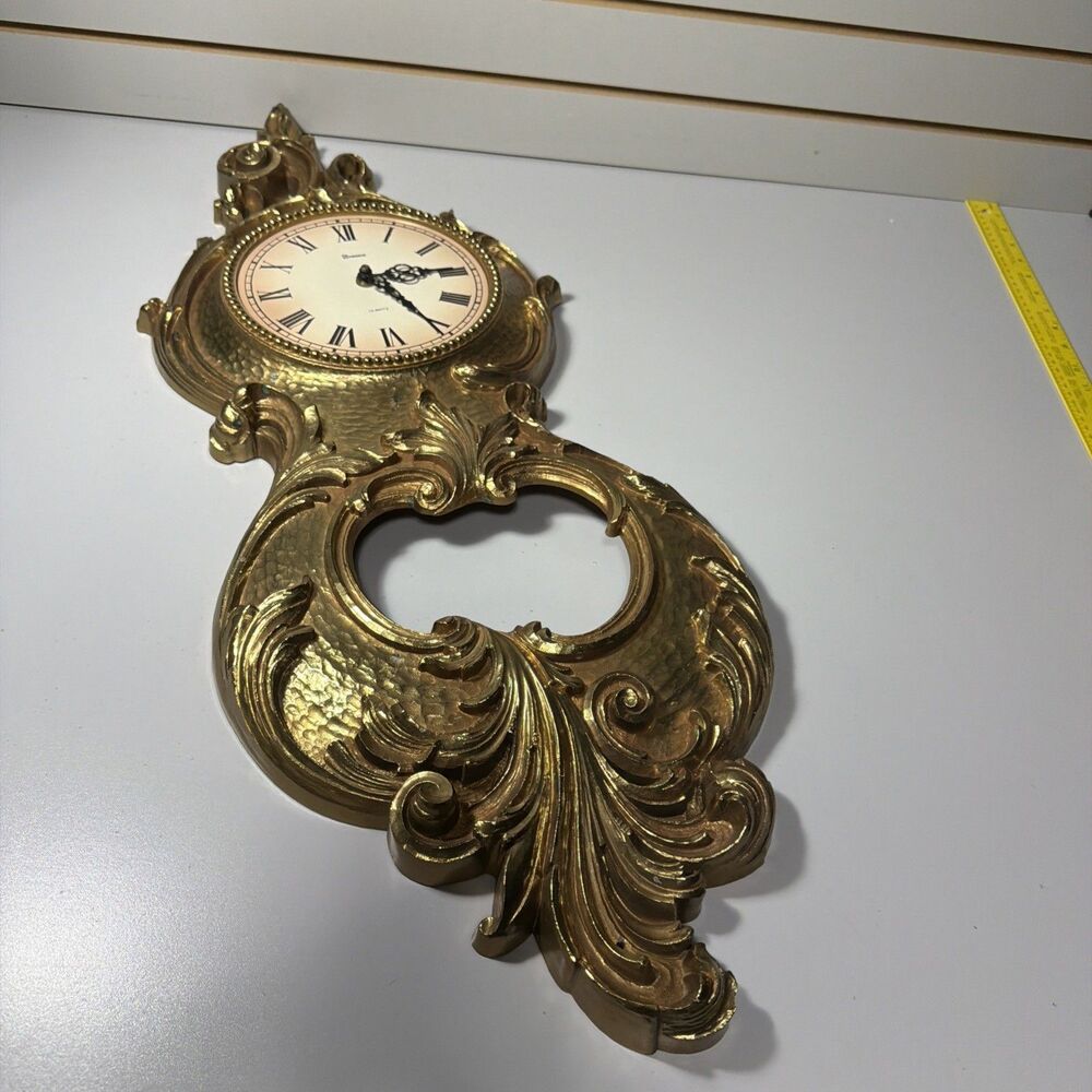Mid Century SYROCO Rococo Ornate Gold Gilt Wall Clock Baroque Style Scroll Motif